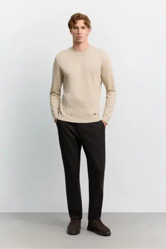 Erkek Bej Bisiklet Yaka Viskon Karışımlı Basic Triko Regular Fit Kazak B005021 - Bej - 6