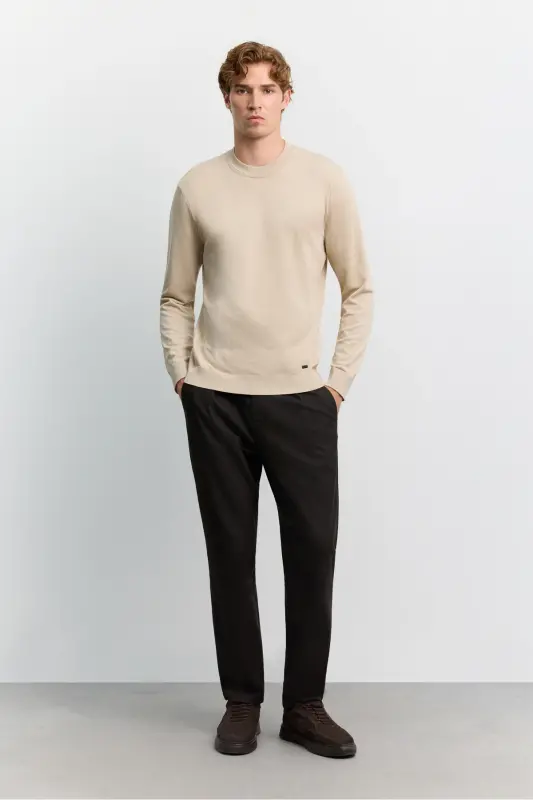 Erkek Bej Bisiklet Yaka Viskon Karışımlı Basic Triko Regular Fit Kazak B005021 - Bej - 6