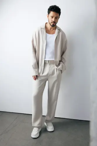 Erkek Bej Klasik Bel Toka Detaylı Soft Touch Baggy Fit Pantolon A51Y3033 - 1