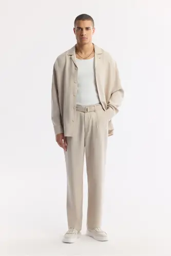 Erkek Bej Klasik Bel Toka Detaylı Soft Touch Baggy Fit Pantolon A51Y3033 - 2