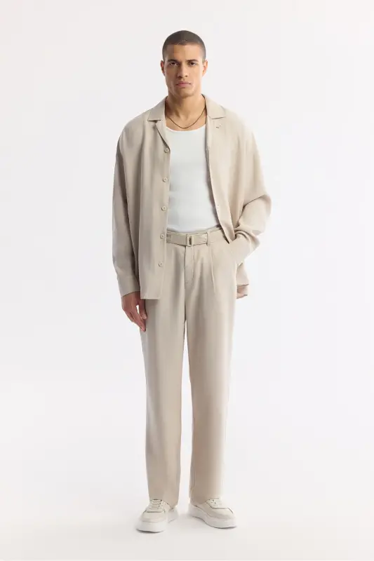 Erkek Bej Klasik Bel Toka Detaylı Soft Touch Baggy Fit Pantolon A51Y3033 - 2