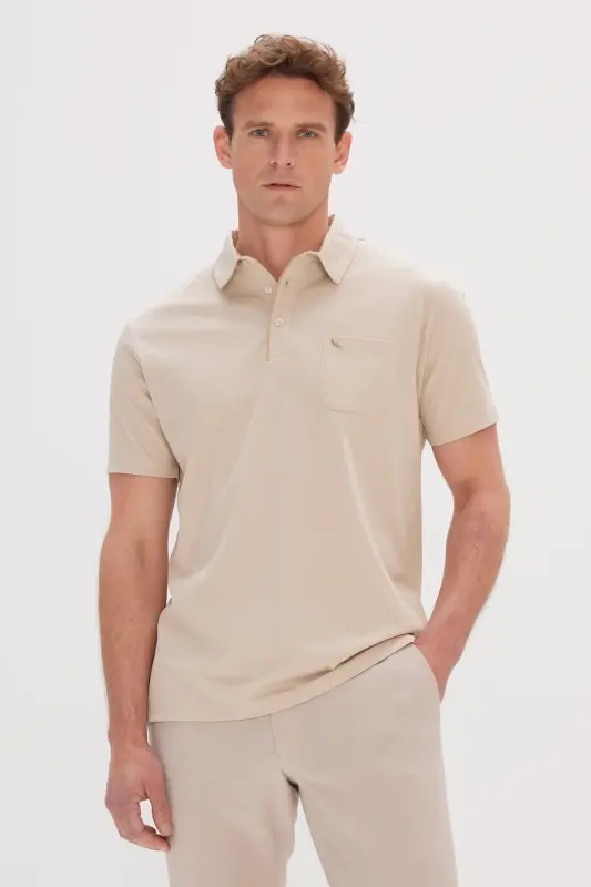 Erkek Bej Comfort Fit Rahat Kesim Polo Yaka Pamuklu Kısa Kollu Tişört-Bej - 1