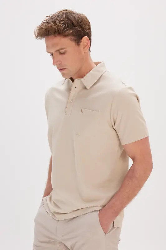 Erkek Bej Comfort Fit Rahat Kesim Polo Yaka Pamuklu Kısa Kollu Tişört-Bej - 3
