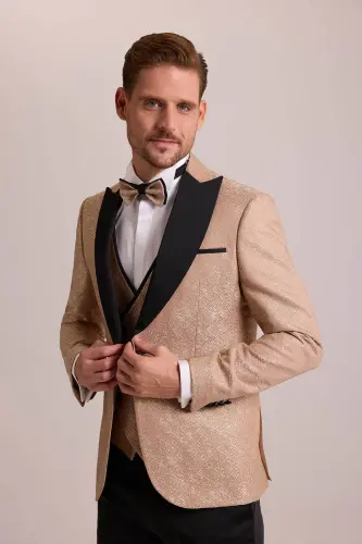 Erkek Bej Damatlık Slim Fit Kırlangıç Yaka Desenli - Bej - 2