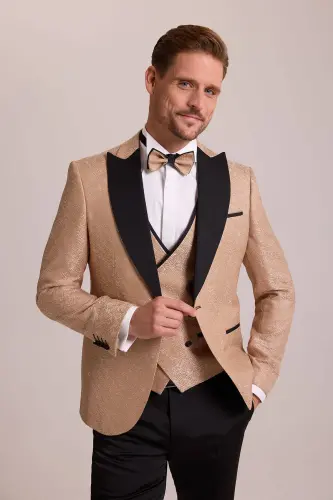 Erkek Bej Damatlık Slim Fit Kırlangıç Yaka Desenli - Bej - 3