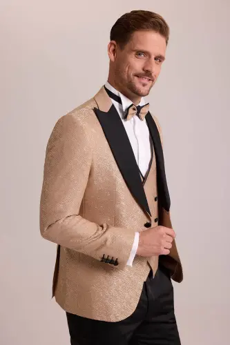 Erkek Bej Damatlık Slim Fit Kırlangıç Yaka Desenli - Bej - 4