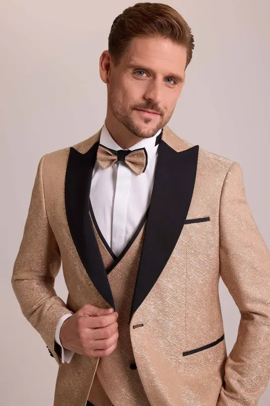 Erkek Bej Damatlık Slim Fit Kırlangıç Yaka Desenli - Bej - 5