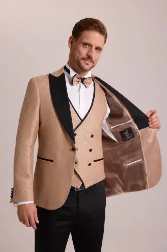 Erkek Bej Damatlık Slim Fit Kırlangıç Yaka Desenli - Bej - 6