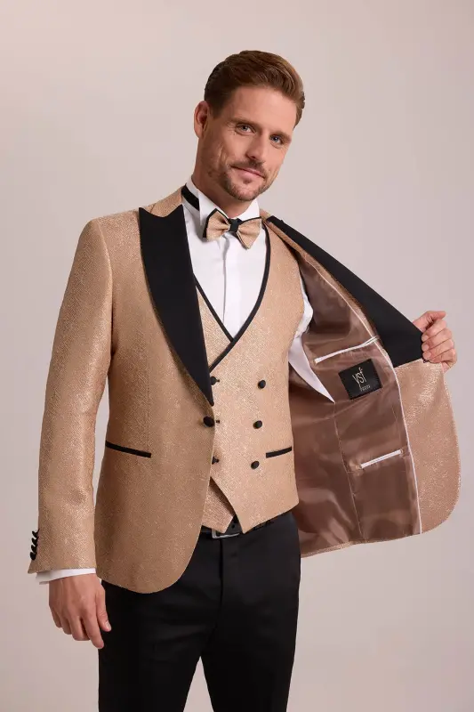 Erkek Bej Damatlık Slim Fit Kırlangıç Yaka Desenli - Bej - 6