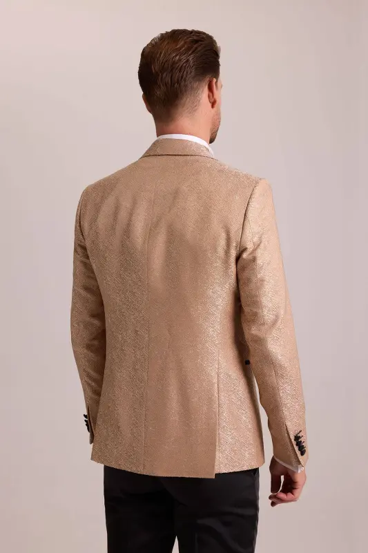 Erkek Bej Damatlık Slim Fit Kırlangıç Yaka Desenli - Bej - 8