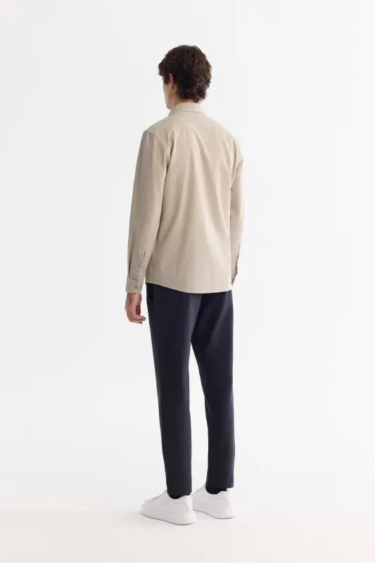 Erkek Bej Düğmeli Yaka Kolay Ütülenen Çizgili Slim Fit Gömlek A42Y2098 - Bej - 5