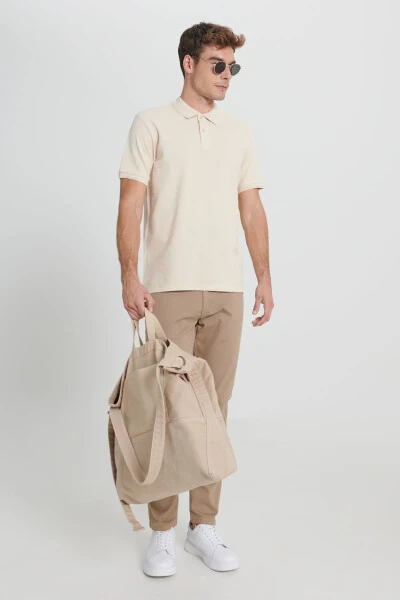 Erkek Bej-Ekru Slim Fit Dar Kesim %100 Pamuk Polo Yaka Tişört-BEJ EKRU - 2