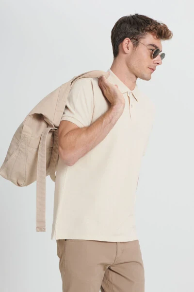 Erkek Bej-Ekru Slim Fit Dar Kesim %100 Pamuk Polo Yaka Tişört-BEJ EKRU - 4