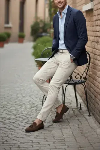 Erkek Bej Gabardin Pamuklu Slim Fit Esnek Chino Pantolon-Bej - THESEASON (1)