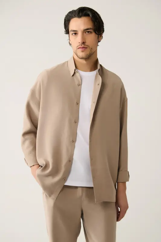 Erkek Bej Soft Touch Alttan Britli Yaka Soft Touch Oversize Fit Gömlek A41Y2168-Bej - 2
