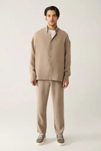 Erkek Bej Soft Touch Alttan Britli Yaka Soft Touch Oversize Fit Gömlek A41Y2168-Bej - 7