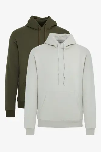 Erkek Bej-Haki 2'li Paket Pamuklu İçi Polarlı Sweatshirt Kapüşonlu Kanguru Cepli Standart Fit - BEJ HAKI - 1