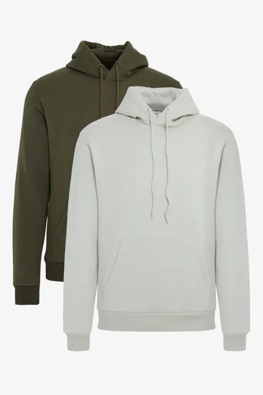 Erkek Bej-Haki 2'li Paket Pamuklu İçi Polarlı Sweatshirt Kapüşonlu Kanguru Cepli Standart Fit - BEJ HAKI - 1