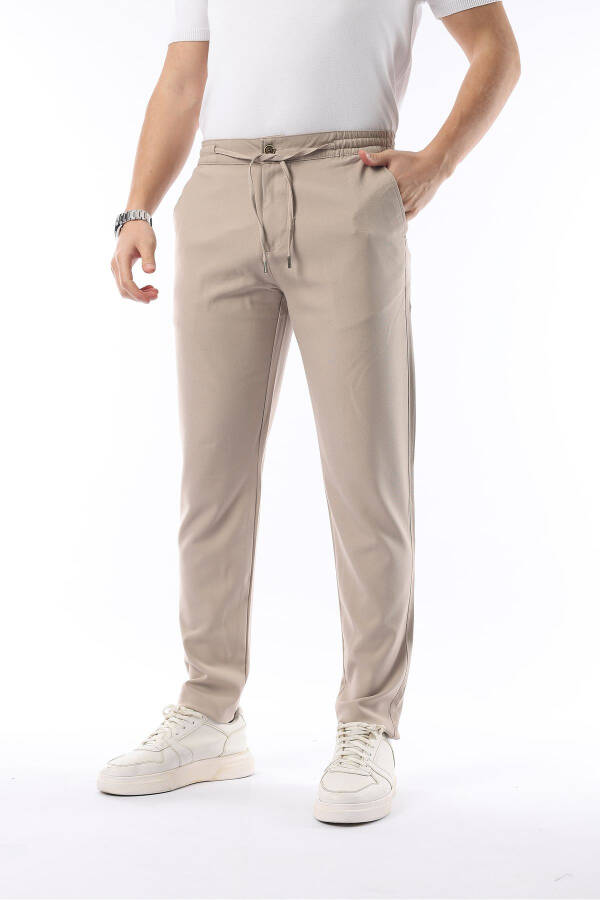 Erkek Bej Jogger Kesim Bel Lastikli Esnek Likralı Silimfit Kumaş Pantolon-BEJ - 1