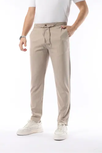 Erkek Kumaş Pantolon Jogger Kesim Slim Fit Likralı Bej - Beli Lastikli & Rahat Kesim - BEJ - İDS COLLECTİON (1)