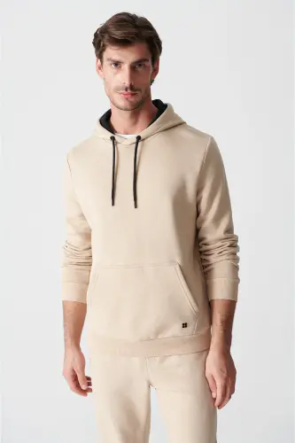 Erkek Bej Kapüşonlu 3 İplik Şardonlu Pamuklu Sweatshirt E001018-Bej - 4