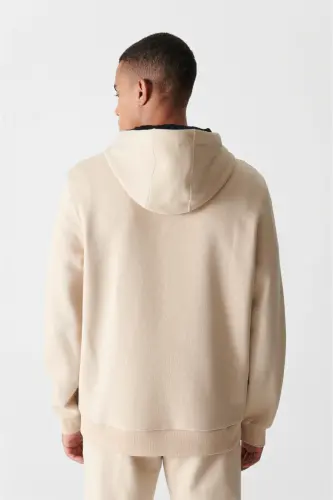 Erkek Bej Kapüşonlu 3 İplik Şardonlu Pamuklu Sweatshirt E001018-Bej - 6