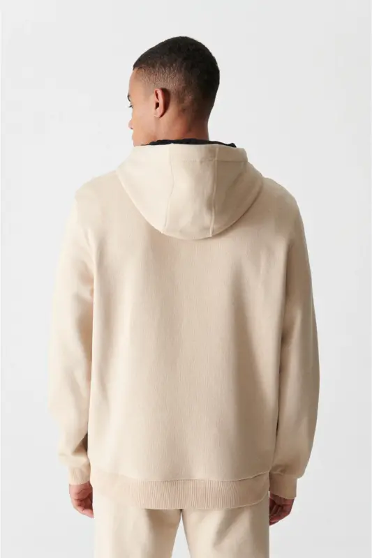 Erkek Bej Kapüşonlu 3 İplik Şardonlu Pamuklu Sweatshirt E001018-Bej - 6