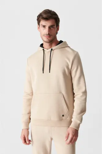 Erkek Bej Kapüşonlu 3 İplik Şardonlu Pamuklu Sweatshirt E001018 - Bej - 2