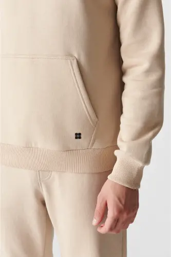 Erkek Bej Kapüşonlu 3 İplik Şardonlu Pamuklu Sweatshirt E001018 - Bej - 3