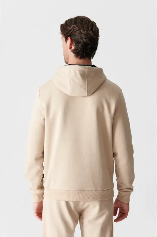 Erkek Bej Kapüşonlu 3 İplik Şardonlu Pamuklu Sweatshirt E001018 - Bej - 5