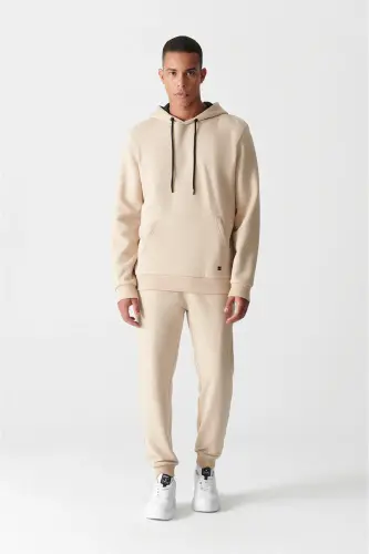 Erkek Bej Kapüşonlu 3 İplik Şardonlu Pamuklu Sweatshirt E001018 - Bej - 7