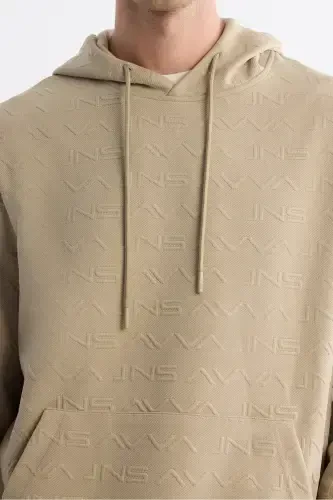 Erkek Bej Kapüşonlu Baskılı Elastan Regular Fit Sweatshirt A42Y1332-Bej - 3