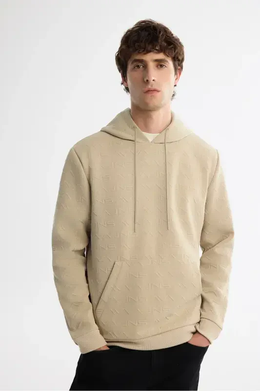 Erkek Bej Kapüşonlu Baskılı Elastan Regular Fit Sweatshirt A42Y1332-Bej - 7