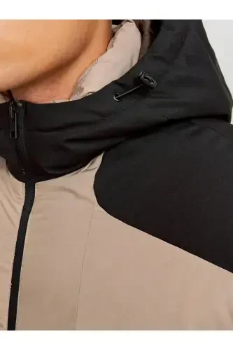 Erkek Bej Kapşonlu Soğuk Geçirmez Şişme Mont-Bej - 5