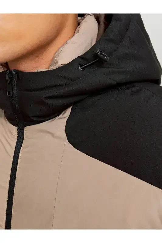 Erkek Bej Kapşonlu Soğuk Geçirmez Şişme Mont-Bej - 5