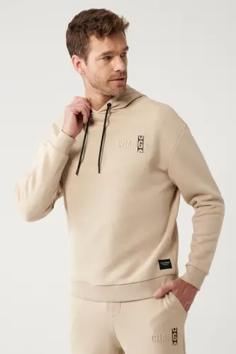 Erkek Bej Şardonlu Kumaş Kapüşonlu Yaka Gofre Baskılı Oversize Sweatshirt A32Y1190 - Bej - 1