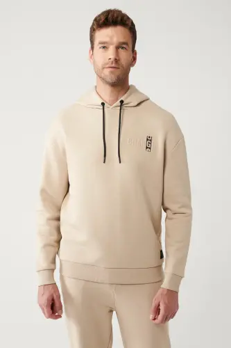 Erkek Bej Şardonlu Kumaş Kapüşonlu Yaka Gofre Baskılı Oversize Sweatshirt A32Y1190 - Bej - 3