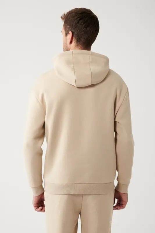 Erkek Bej Şardonlu Kumaş Kapüşonlu Yaka Gofre Baskılı Oversize Sweatshirt A32Y1190 - Bej - 4
