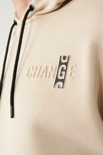 Erkek Bej Şardonlu Kumaş Kapüşonlu Yaka Gofre Baskılı Oversize Sweatshirt A32Y1190 - Bej - 5
