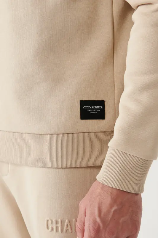 Erkek Bej Şardonlu Kumaş Kapüşonlu Yaka Gofre Baskılı Oversize Sweatshirt A32Y1190 - Bej - 6