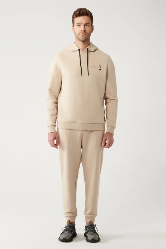 Erkek Bej Şardonlu Kumaş Kapüşonlu Yaka Gofre Baskılı Oversize Sweatshirt A32Y1190 - Bej - 7