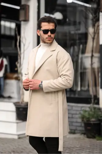 Erkek Bej Kemerli Oversize Rahat Kesim Kaşe Kaban - BEJ - 1