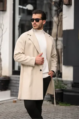 Erkek Bej Kemerli Oversize Rahat Kesim Kaşe Kaban - BEJ - 3