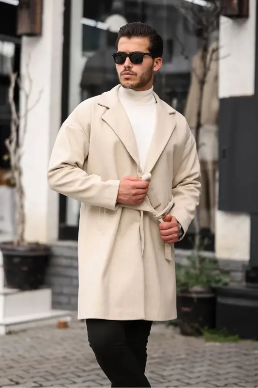 Erkek Bej Kemerli Oversize Rahat Kesim Kaşe Kaban - BEJ - 4