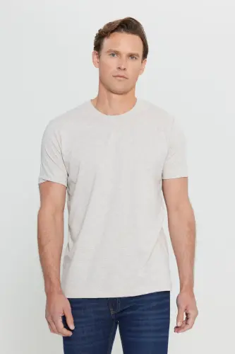 Erkek Bej Melanj Pamuklu Slim Fit Dar Kesim Bisiklet Yaka Basic Tişört-BEJ MELANJ 