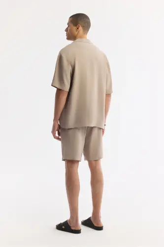 Erkek Bej Apaj Yaka Soft Touch Kısa Kol Oversize Fit Gömlek A51Y2006 - Bej - 4