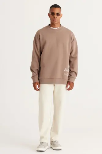 Erkek Bej Oversize Fit Bol Kesim Içi Polarlı 3 Iplik Pamuklu Baskılı Sweatshirt-Bej - 1