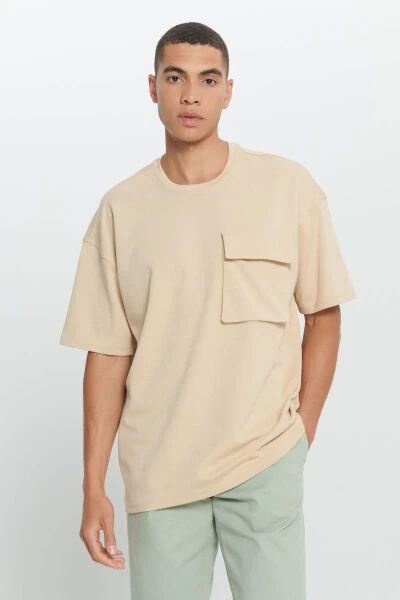 Erkek Bej Pamuklu Oversize Fit Bol Kesim Bisiklet Yaka Tişört-Bej - AC&CO / ALTINYILDIZ CLASSICS