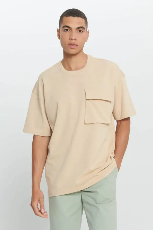 Erkek Bej Pamuklu Oversize Fit Bol Kesim Bisiklet Yaka Tişört-Bej - 1