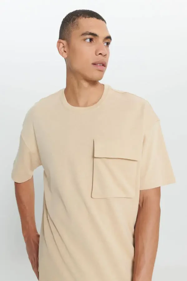 Erkek Bej Pamuklu Oversize Fit Bol Kesim Bisiklet Yaka Tişört-Bej - 4